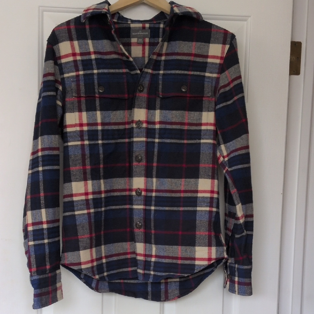 L.L. Bean Signature Plaid Flannel Button Down Shirt Mens Small Cotton Blue White